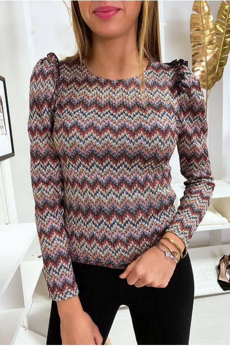 Top met bordeauxrood patroon en schouderdetails - 1