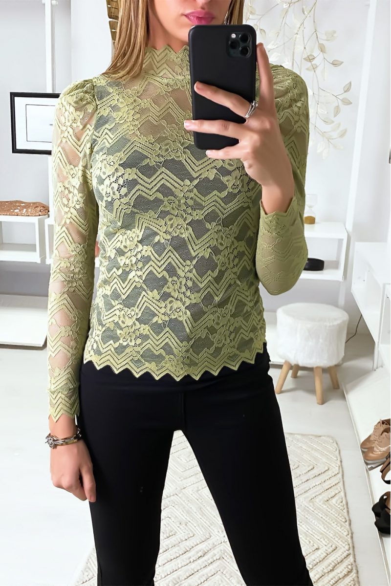 Green lace top with high neck - 3