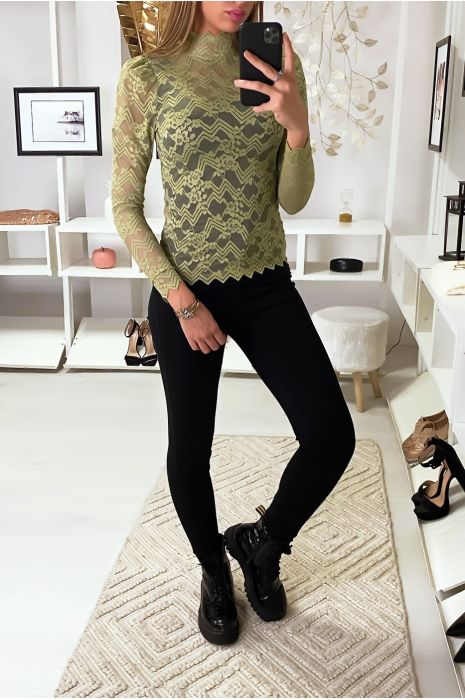 Green lace top with high neck - 2