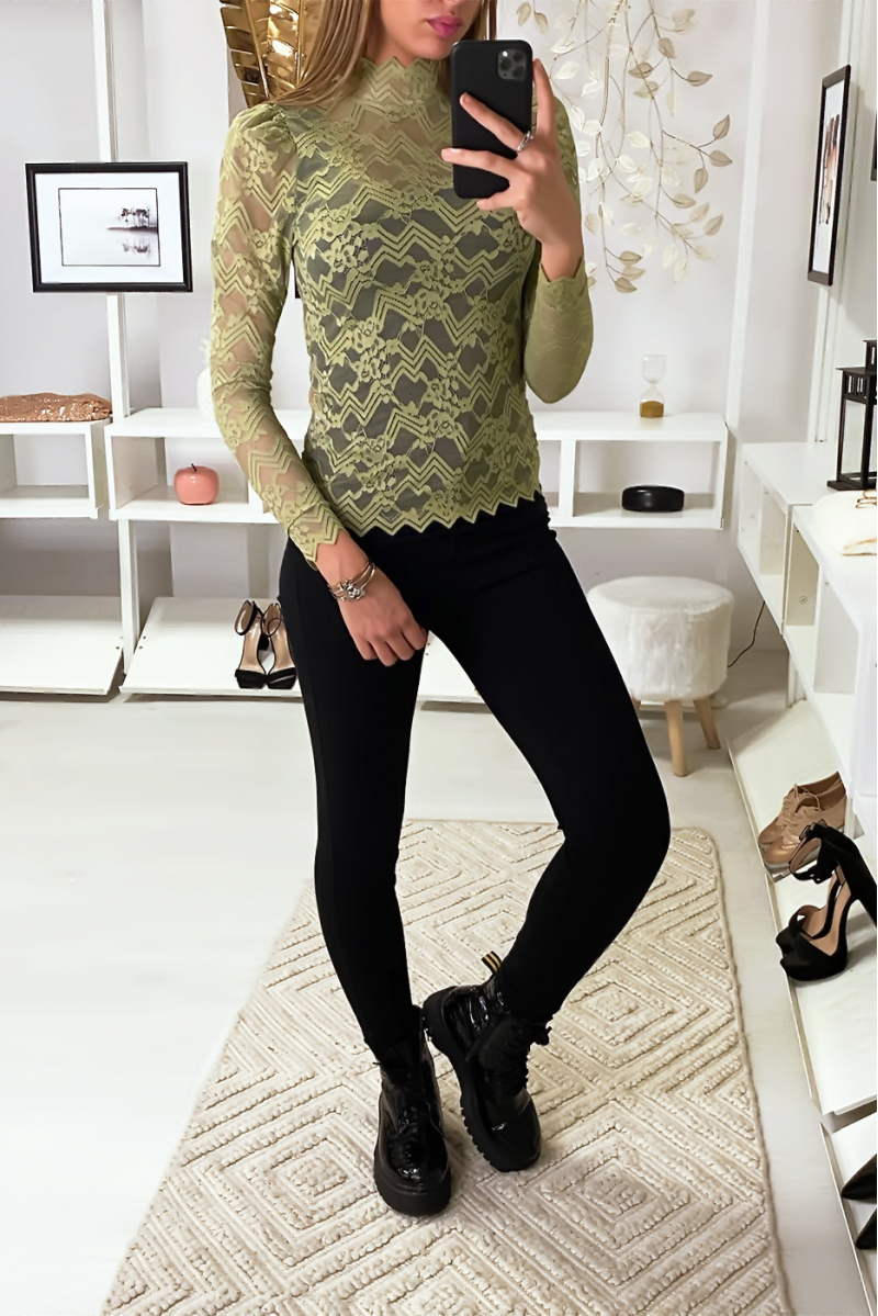 Green lace top with high neck - 2