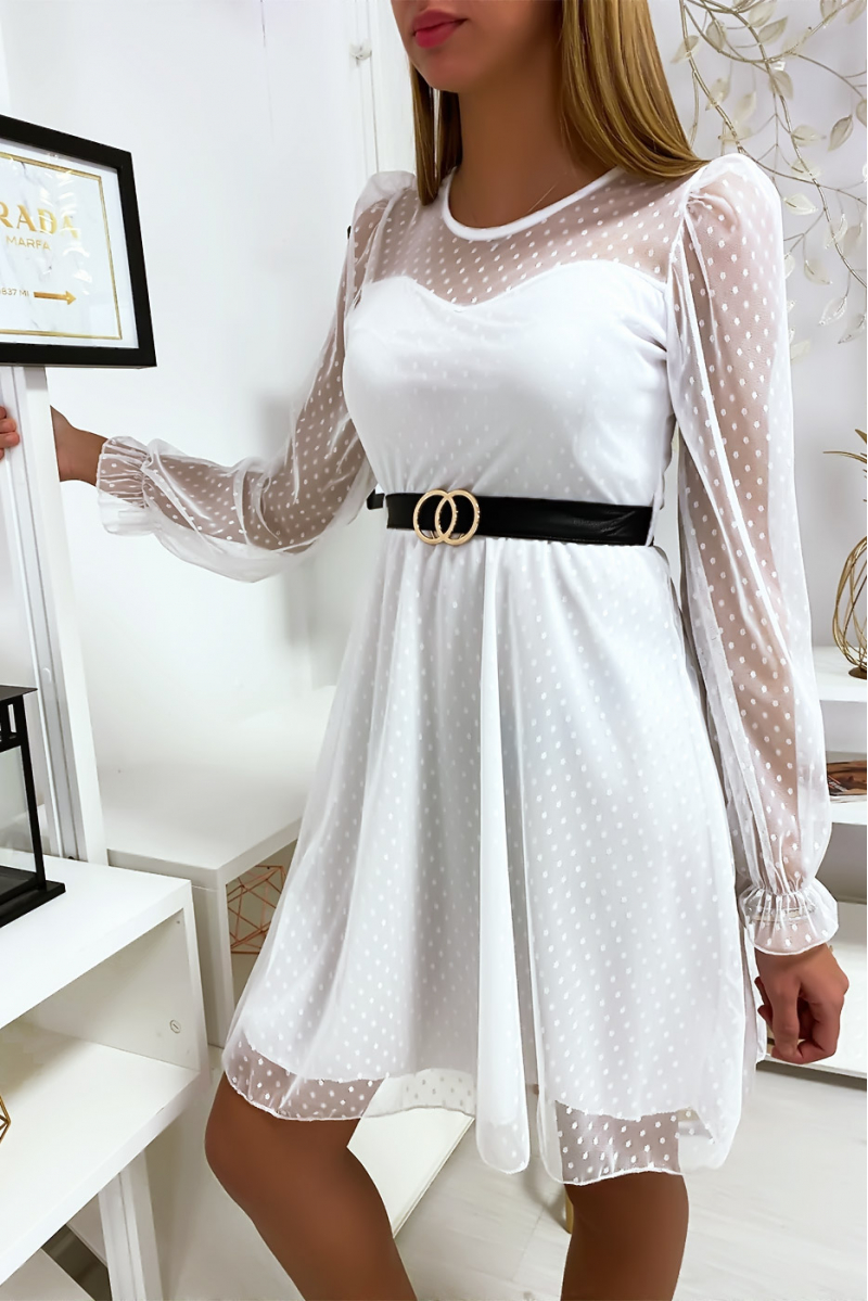 White plumetis dress with belt - 3
