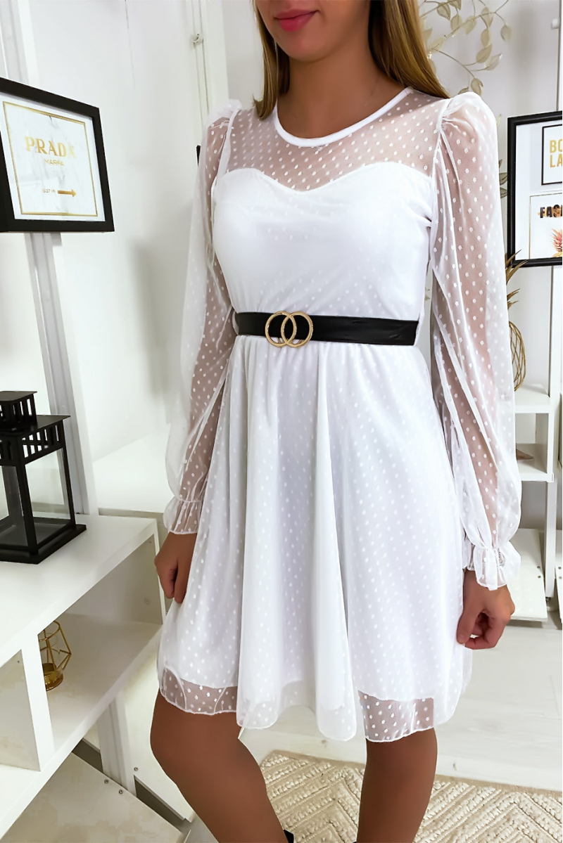 White plumetis dress with belt - 2