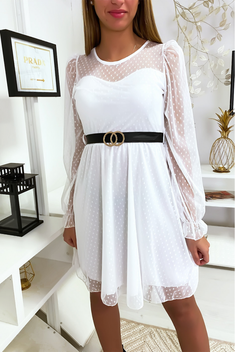 White plumetis dress with belt - 1