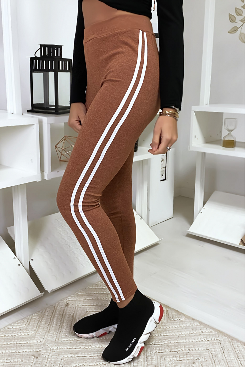 Cognac leggings with two white stripes on the sides - 1