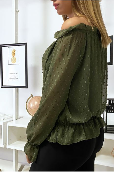 Haut bardot plumetis kaki à manches longues - 2