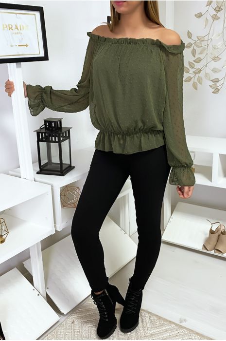 Haut bardot plumetis kaki à manches longues - 4