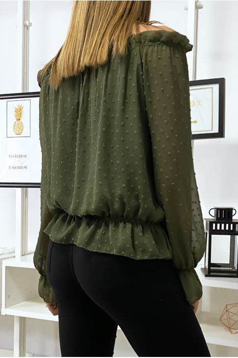 Haut bardot plumetis kaki à manches longues - 3