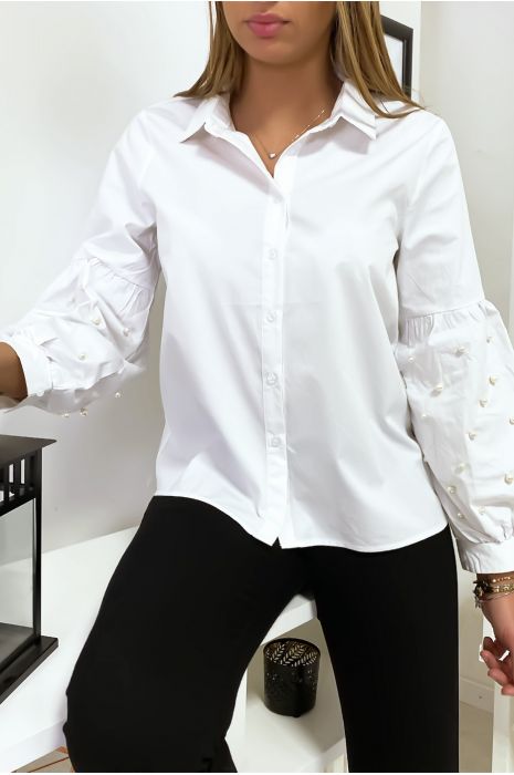 Wit overhemd met pofmouwen met parels. MC7362 - 5