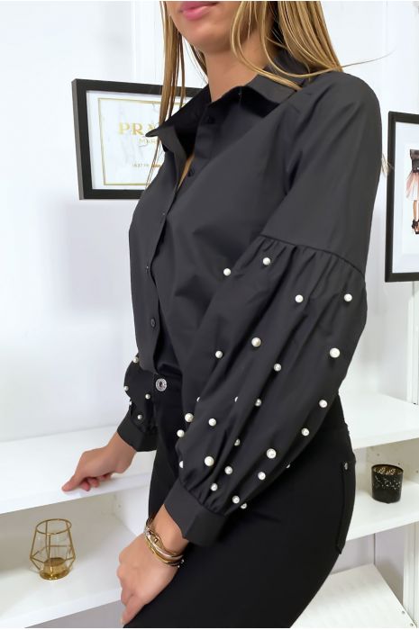 Chemise Noire manches bouffantes à perles. MC7362 - 3