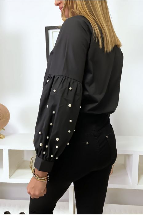 Chemise Noire manches bouffantes à perles. MC7362 - 4