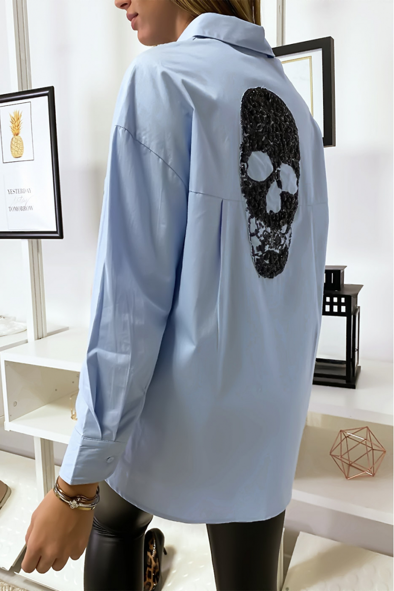Chemise bleu fashion avec détails poche et dos perlés - 2