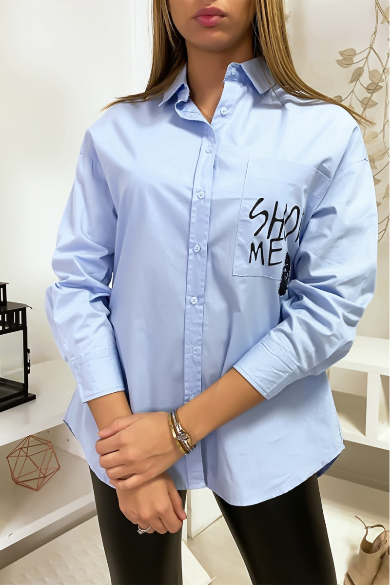 Chemise bleu fashion avec détails poche et dos perlés - 1