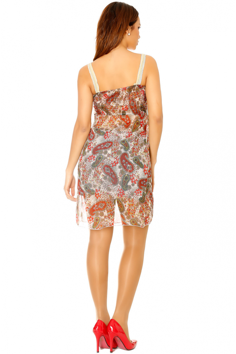 Robe tunique en jeans et voile brodé et imprimé rouge et blanc. Mode femme 09 - 7
