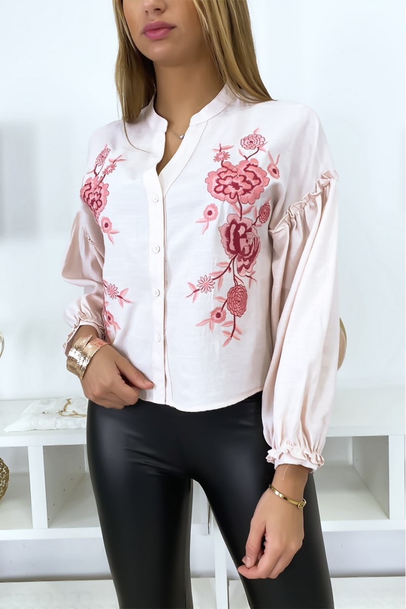 Pink shirt with puffed sleeves and embroidery on the front - 2
