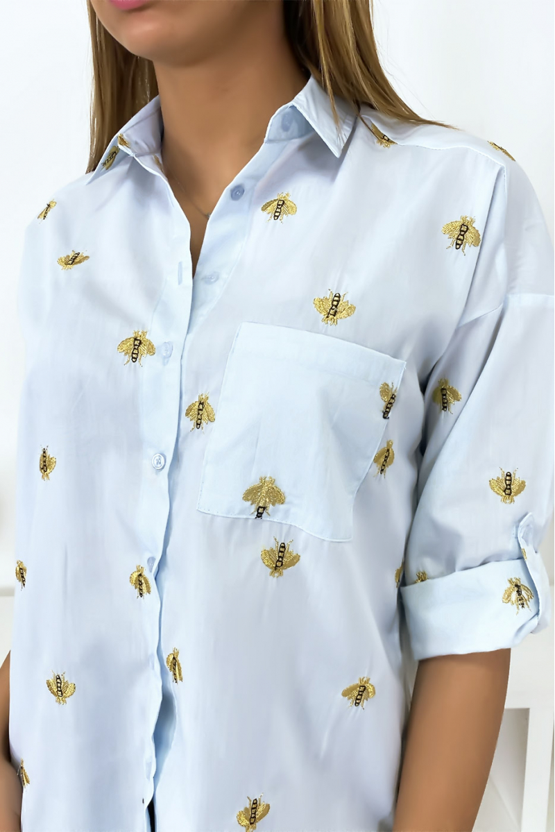 Chemise bleu avec broderie en forme d'abeille - 4