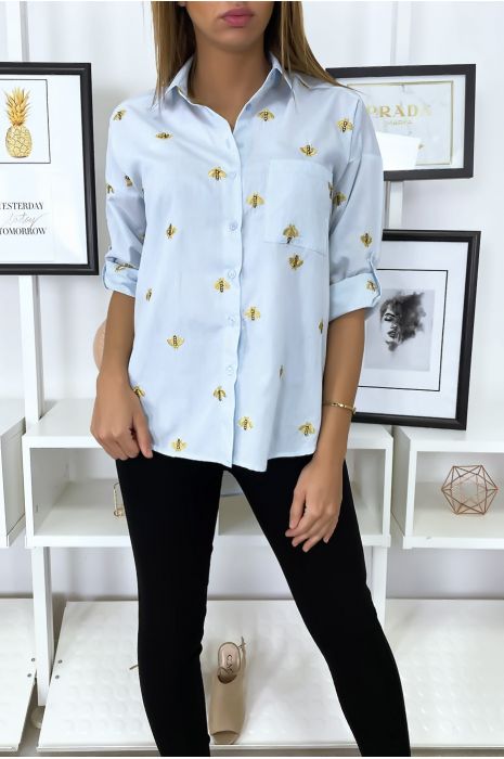 Chemise bleu avec broderie en forme d'abeille - 2
