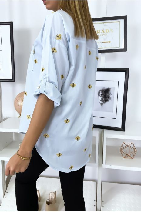 Chemise bleu avec broderie en forme d'abeille - 3