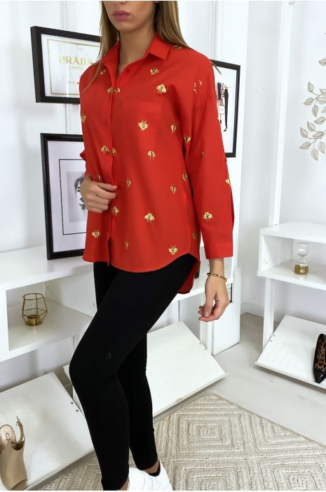 Chemise rouge avec broderie en forme d'abeille - 2