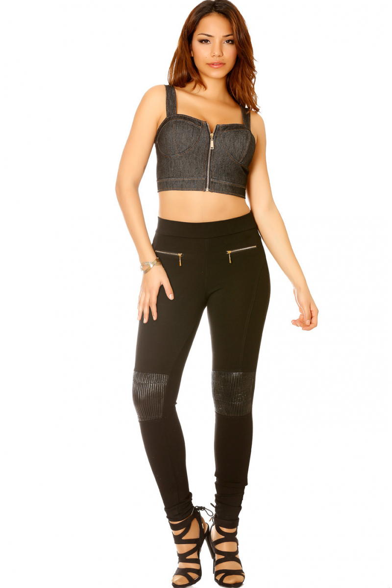 Black denim zipped bustier with straps and cup. Women's Top 2851 - 1