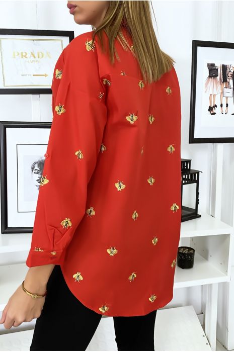 Chemise rouge avec broderie en forme d'abeille - 3
