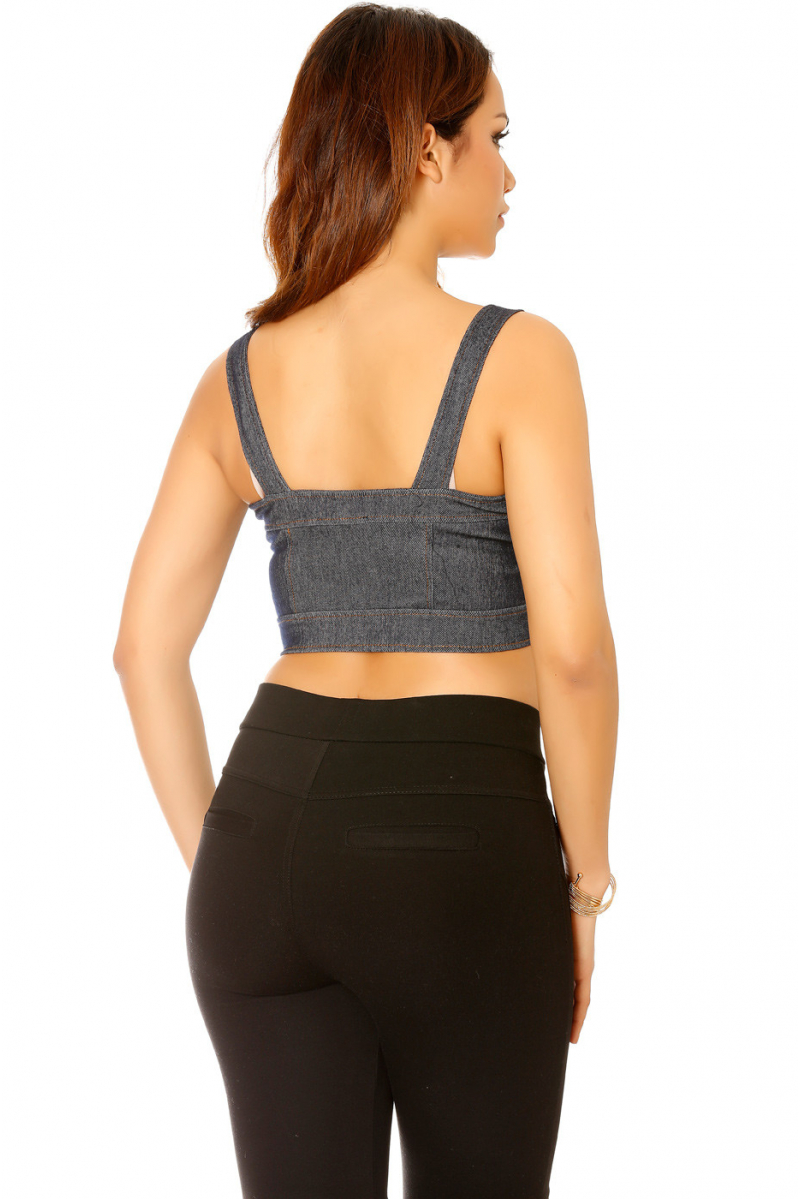 Blue denim zipped bustier with straps and hat. Women's Top 2851 - 5