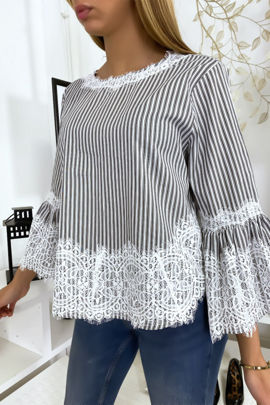 Black striped blouse with lace - 1