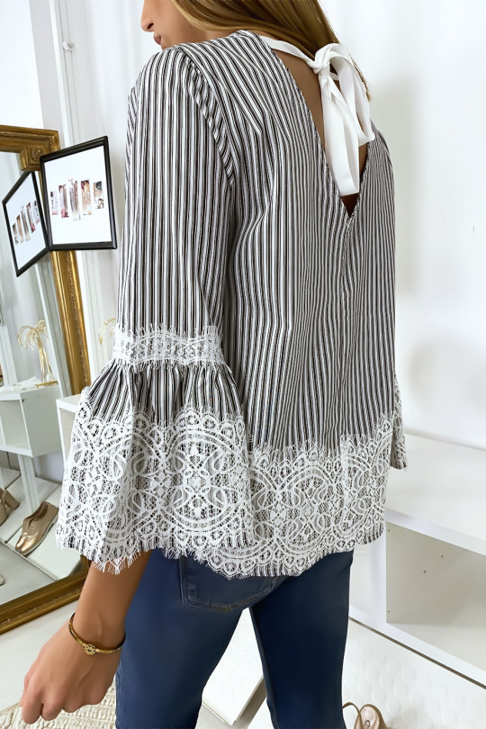 Black striped blouse with lace - 7
