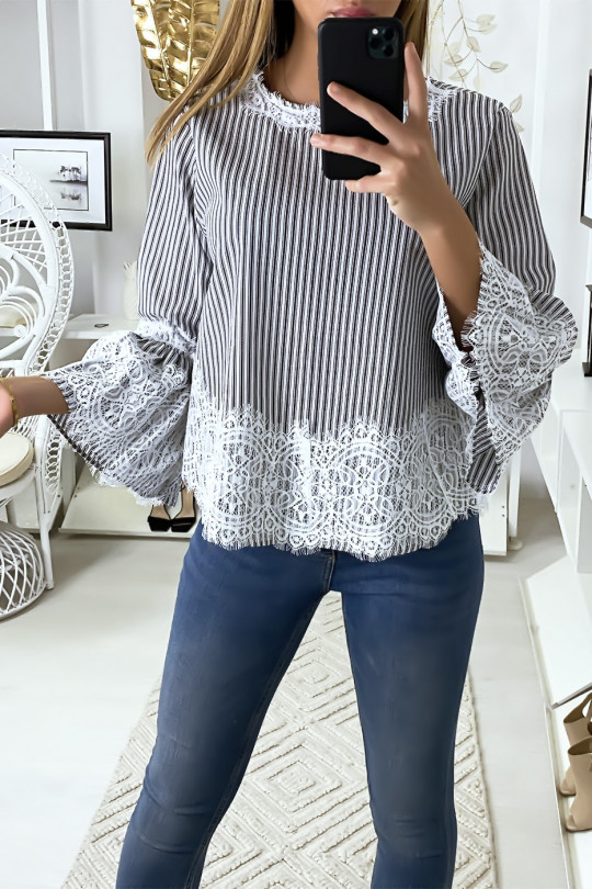 Black striped blouse with lace - 8