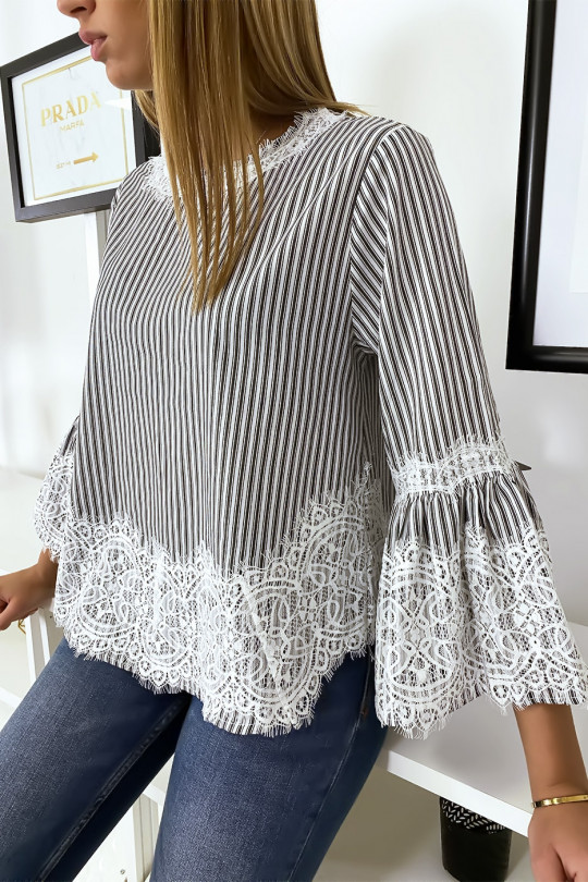 Black striped blouse with lace - 5