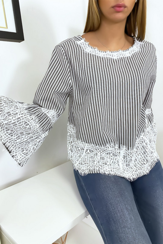 Black striped blouse with lace - 3
