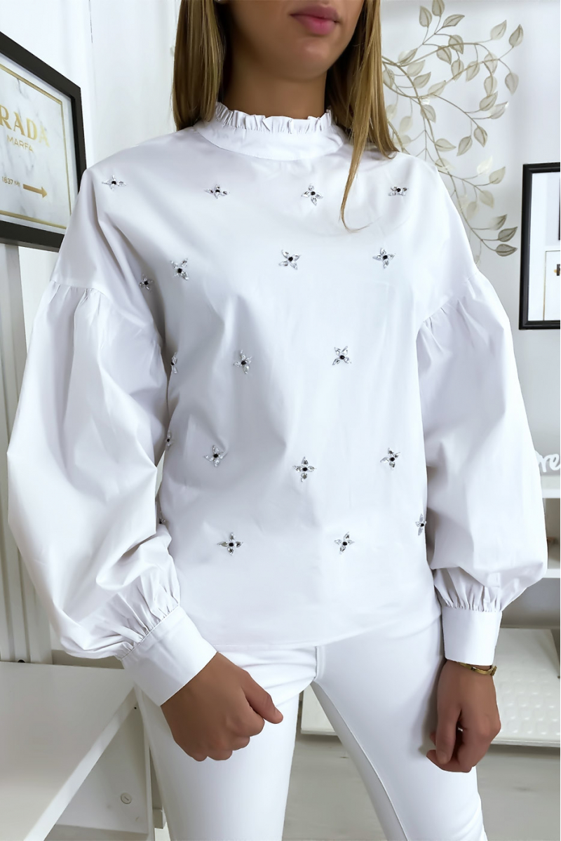 White blouse puffed sleeve with rhinestones - 1