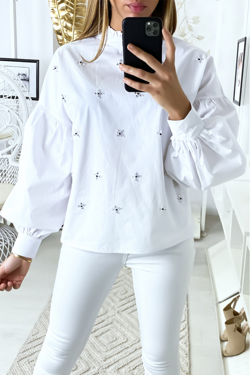 White blouse puffed sleeve with rhinestones - 5