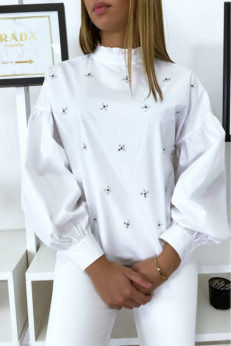 Witte blouse pofmouw met strass steentjes - 2
