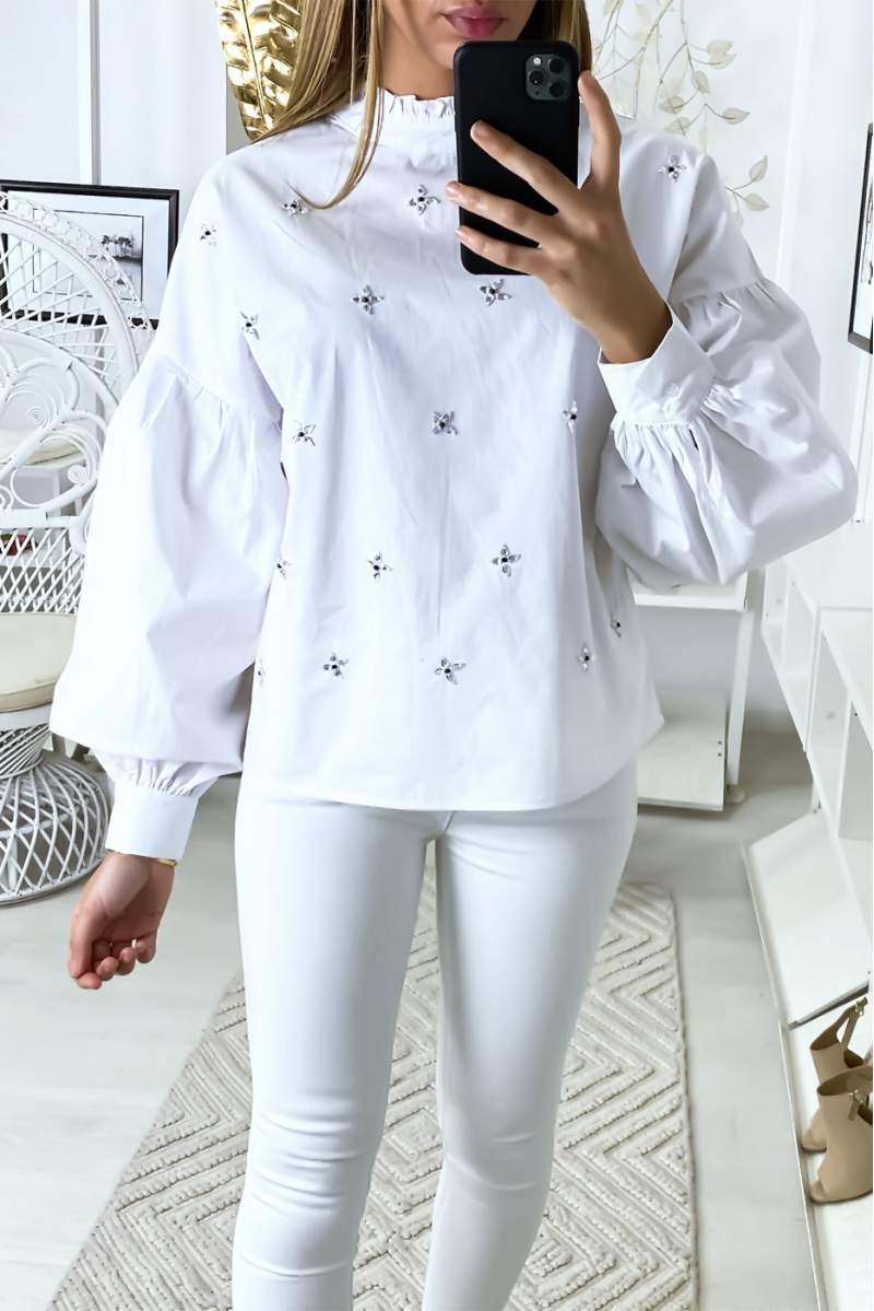 Witte blouse pofmouw met strass steentjes - 6