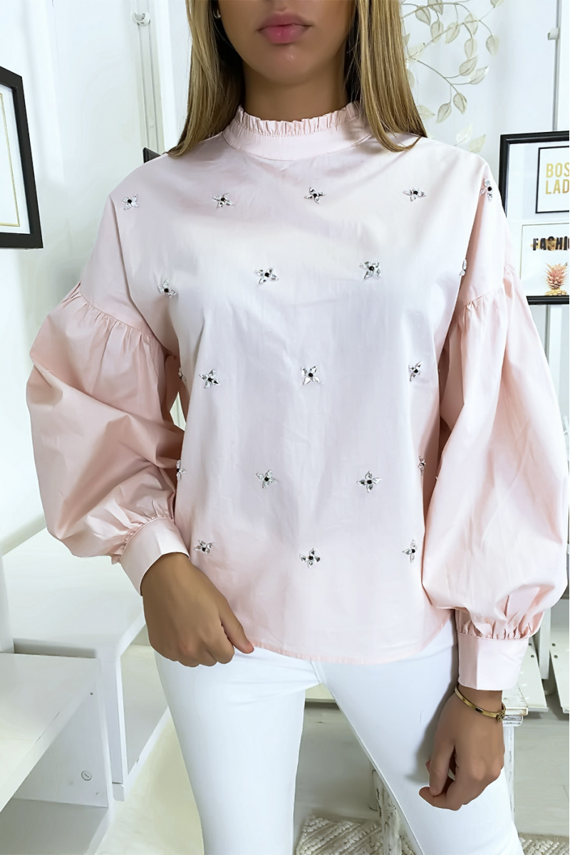 Roze blouse met pofmouwen en strasssteentjes - 1