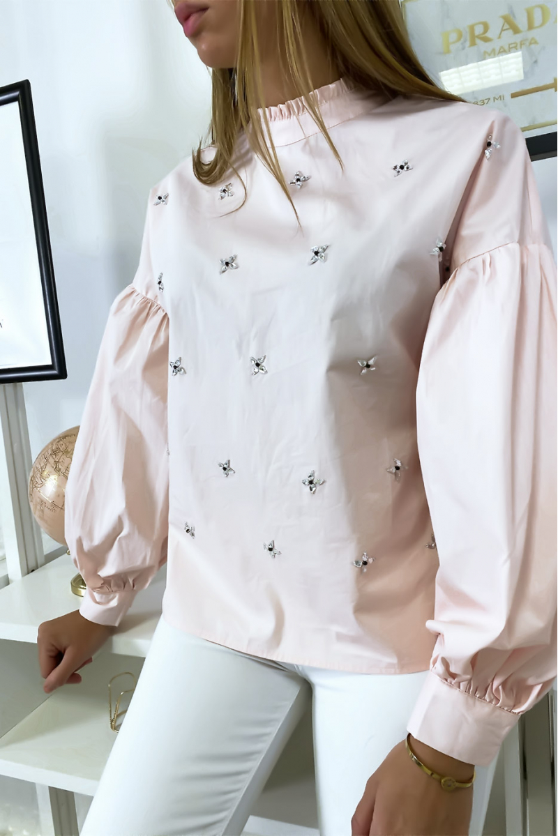 Roze blouse met pofmouwen en strasssteentjes - 3