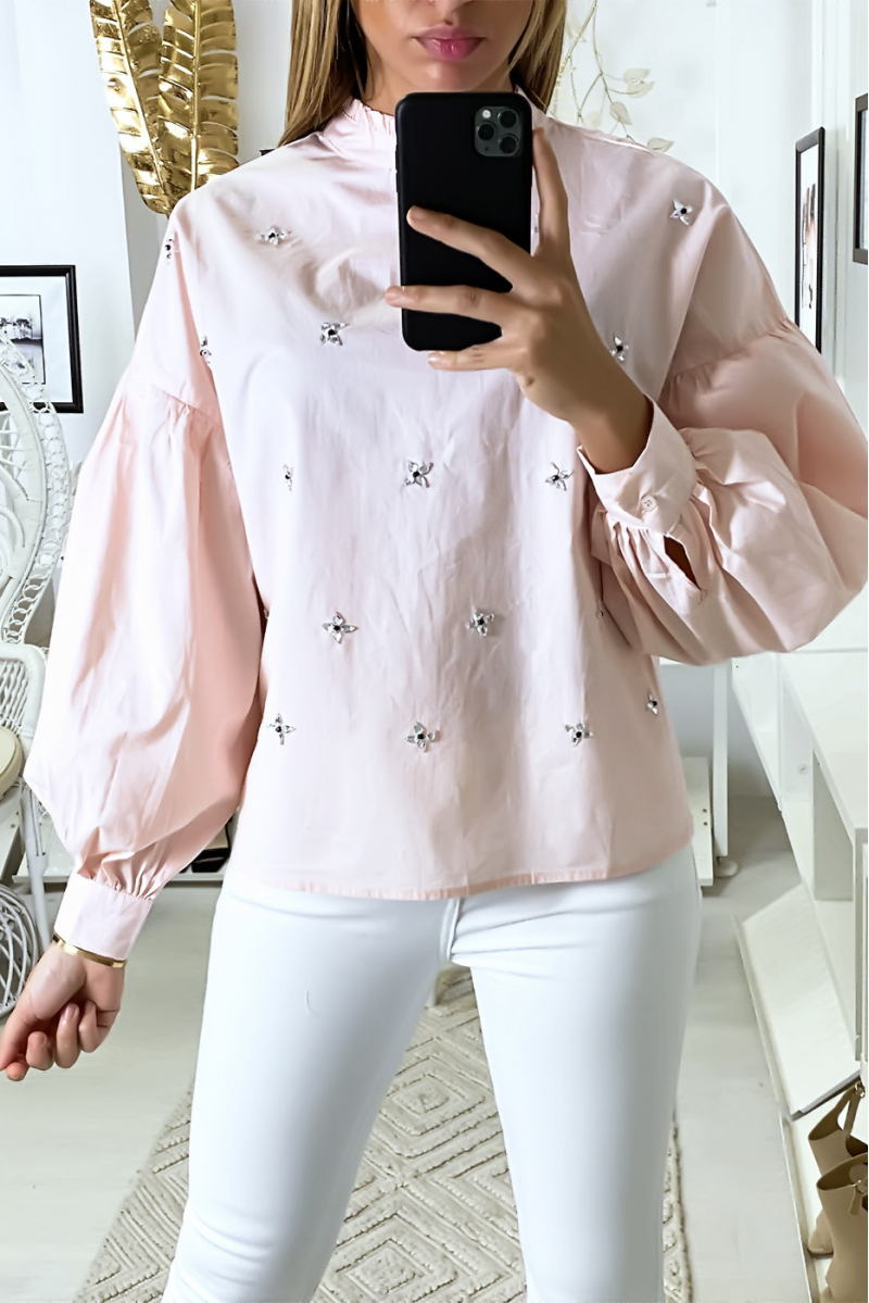 Roze blouse met pofmouwen en strasssteentjes - 7
