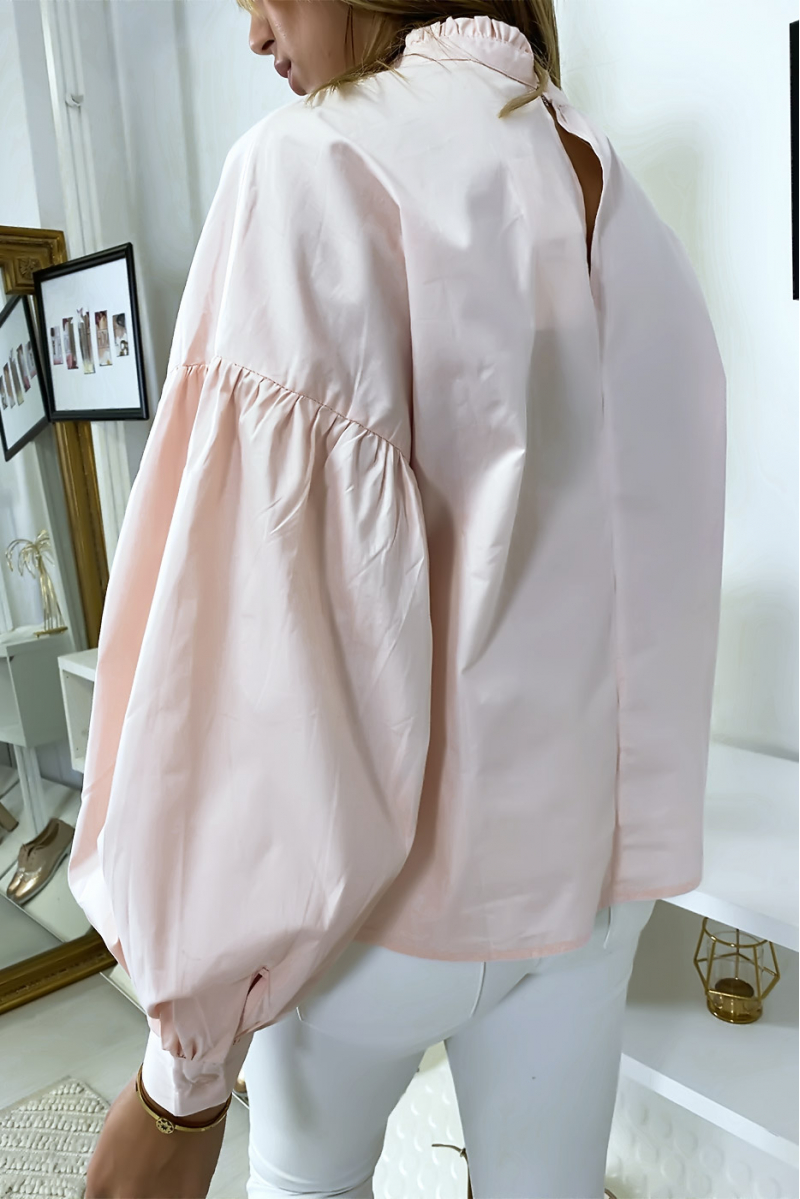 Roze blouse met pofmouwen en strasssteentjes - 6