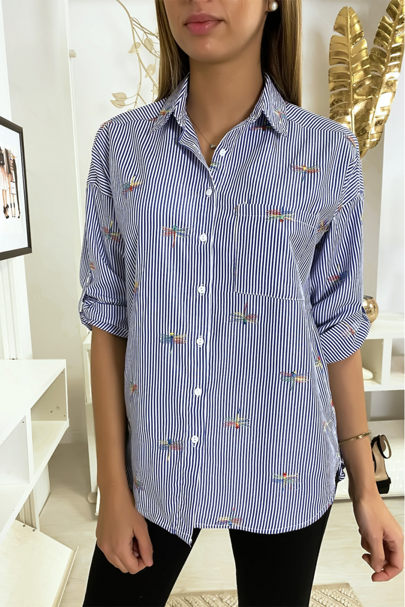 Navy striped shirt with stitched dragonfly details - 1