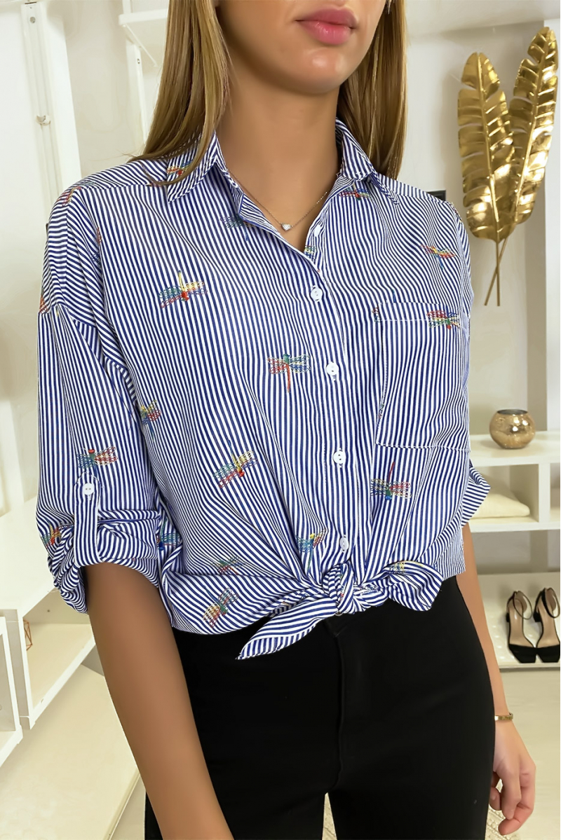 Navy striped shirt with stitched dragonfly details - 9