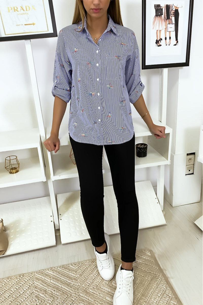 Navy striped shirt with stitched dragonfly details - 4