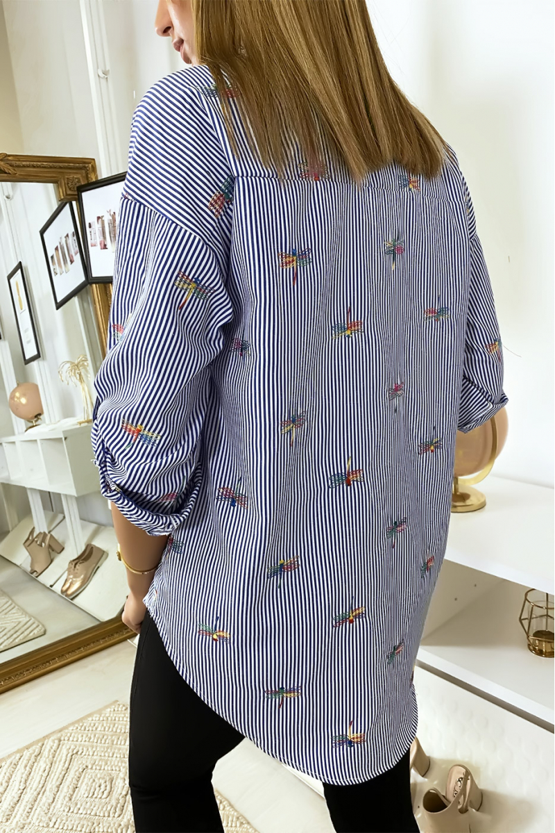 Navy striped shirt with stitched dragonfly details - 6