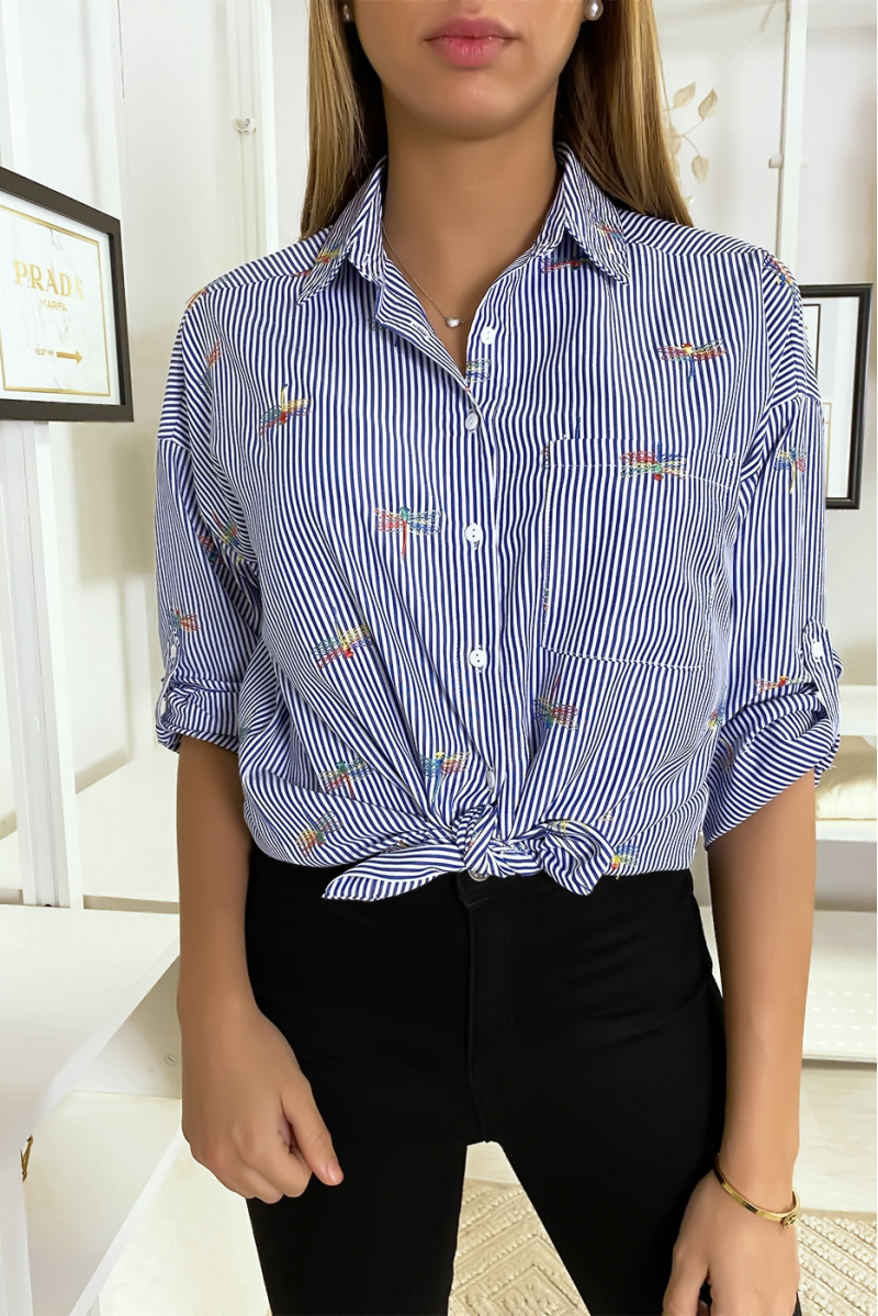 Navy striped shirt with stitched dragonfly details - 7