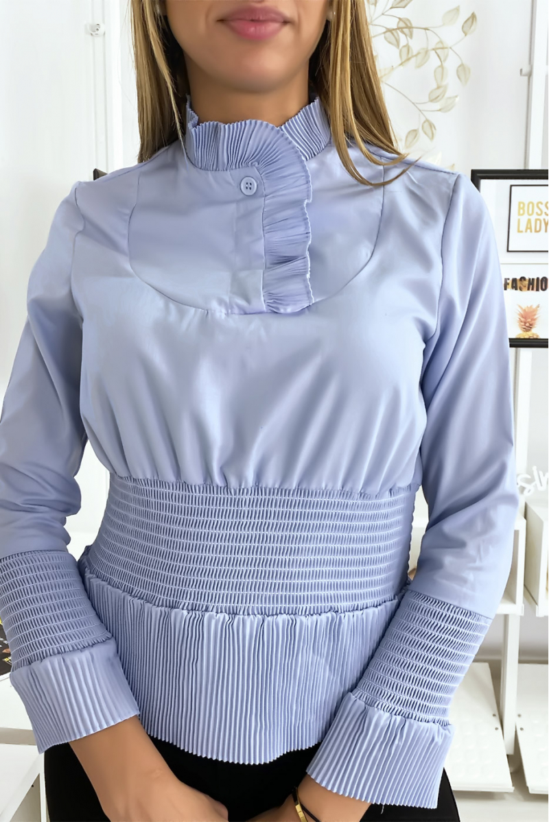 Top blouse bleu style froncé - 2