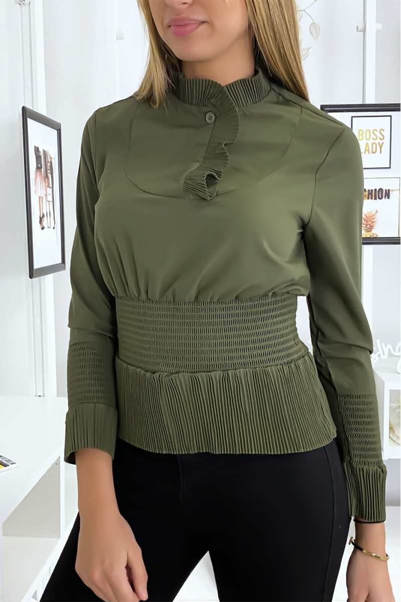 Khaki blouse top with gathered style - 1