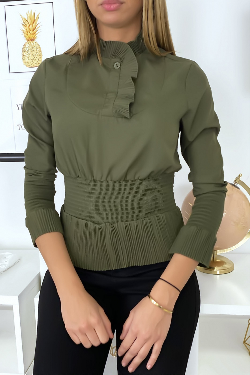 Khaki blouse top with gathered style - 5