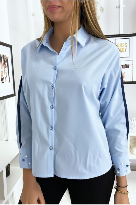 Blauw overhemd met parels op de mouwen - 1