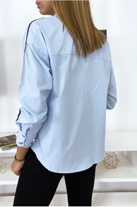 Blauw overhemd met parels op de mouwen - 6