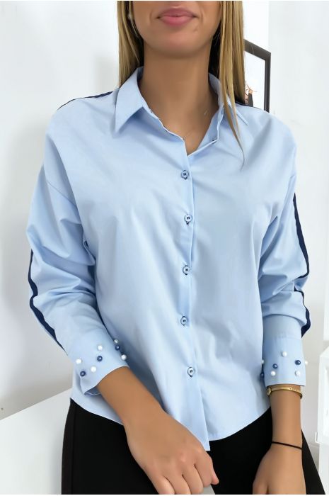 Blauw overhemd met parels op de mouwen - 3