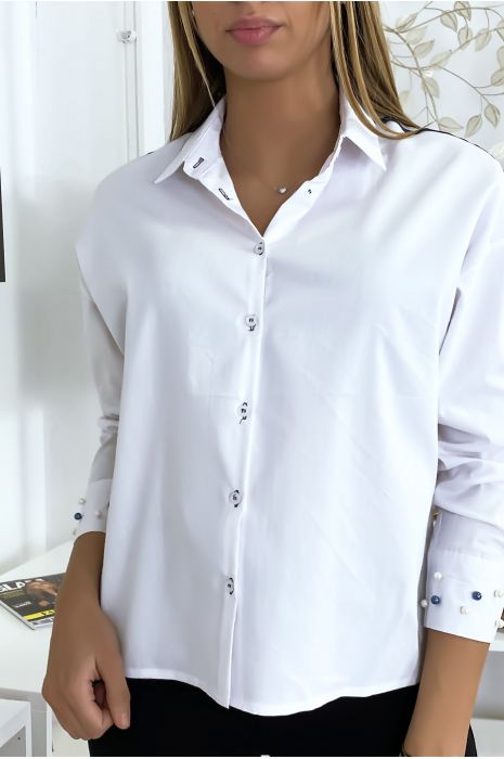 White shirt with pearls on the sleeves - 1